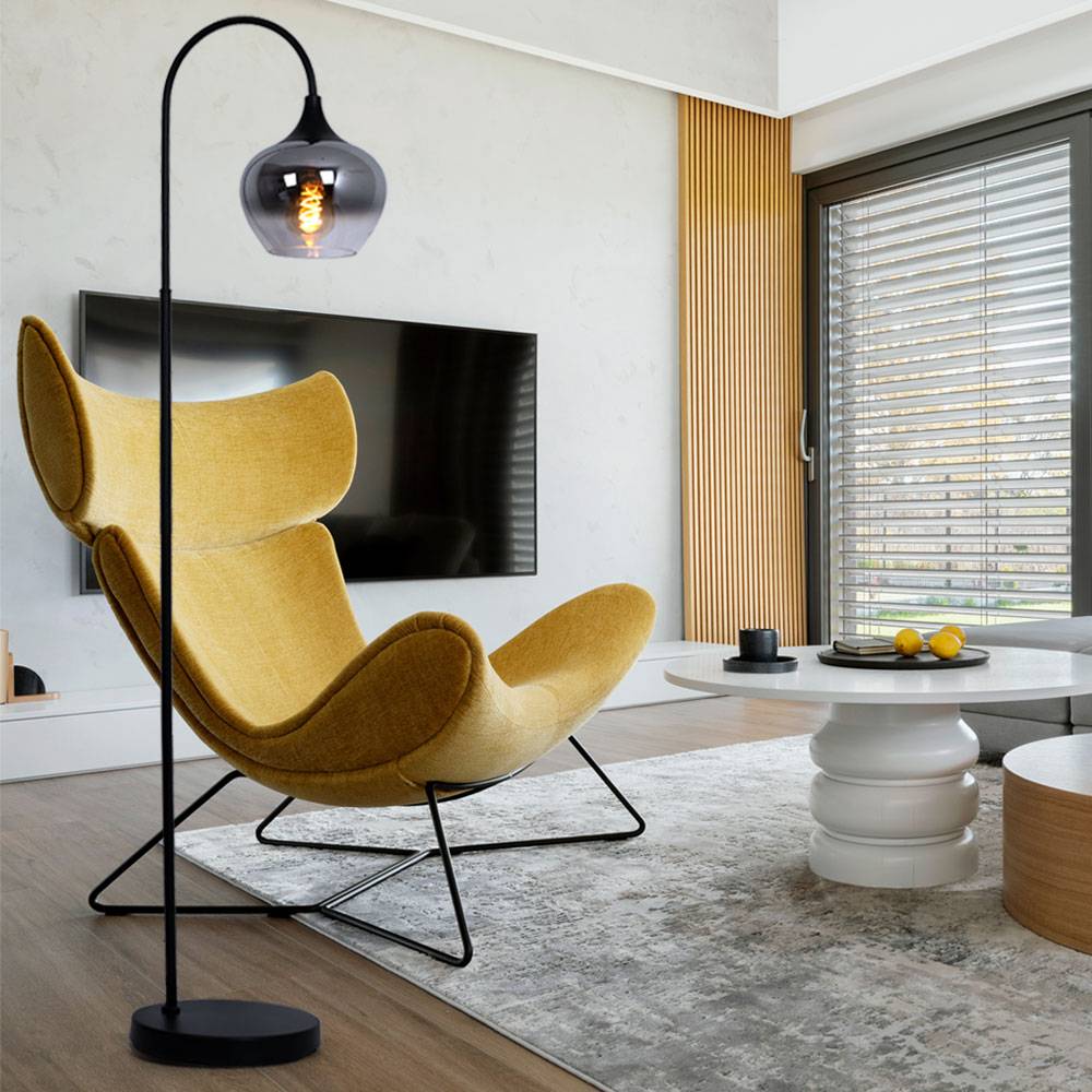 Stehleuchte Rauchglas Wohnzimmerleuchte stehend Rauch Bogenleuchte Rauch schwarz, Metall, E27 Fassung, LxBxH 39x25x150 cm