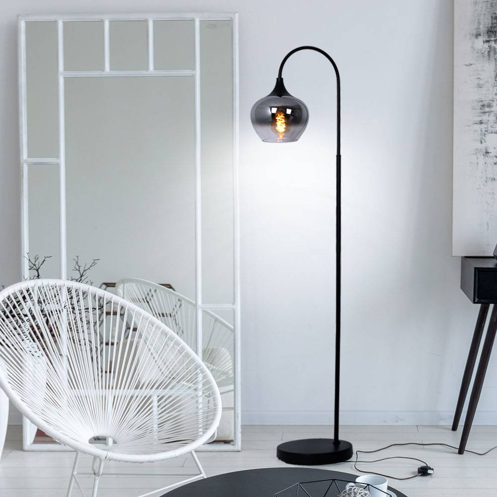 Stehleuchte Rauchglas Wohnzimmerleuchte stehend Rauch Bogenleuchte Rauch schwarz, Metall, E27 Fassung, LxBxH 39x25x150 cm