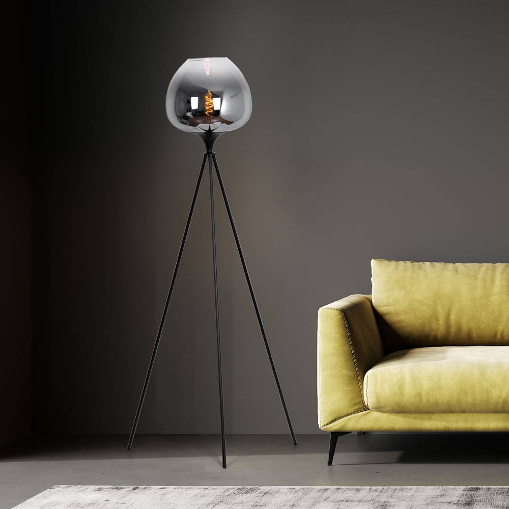 Stehleuchte Stativ Rauchglas Esszimmerleuchte Stativlampe stehend Rauchglas schwarz, Metall, E27 Fassung, DxH 65x145 cm
