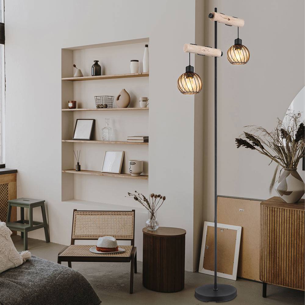Stehleuchte Holz 2 Flammig Wohnzimmerleuchte stehend Höhenverstellbar Stehlampe Glas amber, schwarz Metall, E27 Fassungen, LxBxH 48x25x168 cm