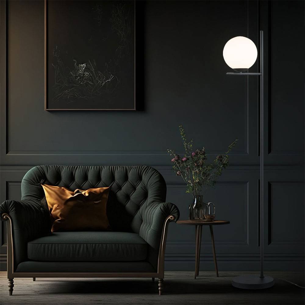 Stehlampe Wohnzimmer Kugel Stehleuchte Kugel weiß Stehlampe schwarz Metall, Glas, Fußschalter, 1x E14 Fassung, BxH 25x150 cm