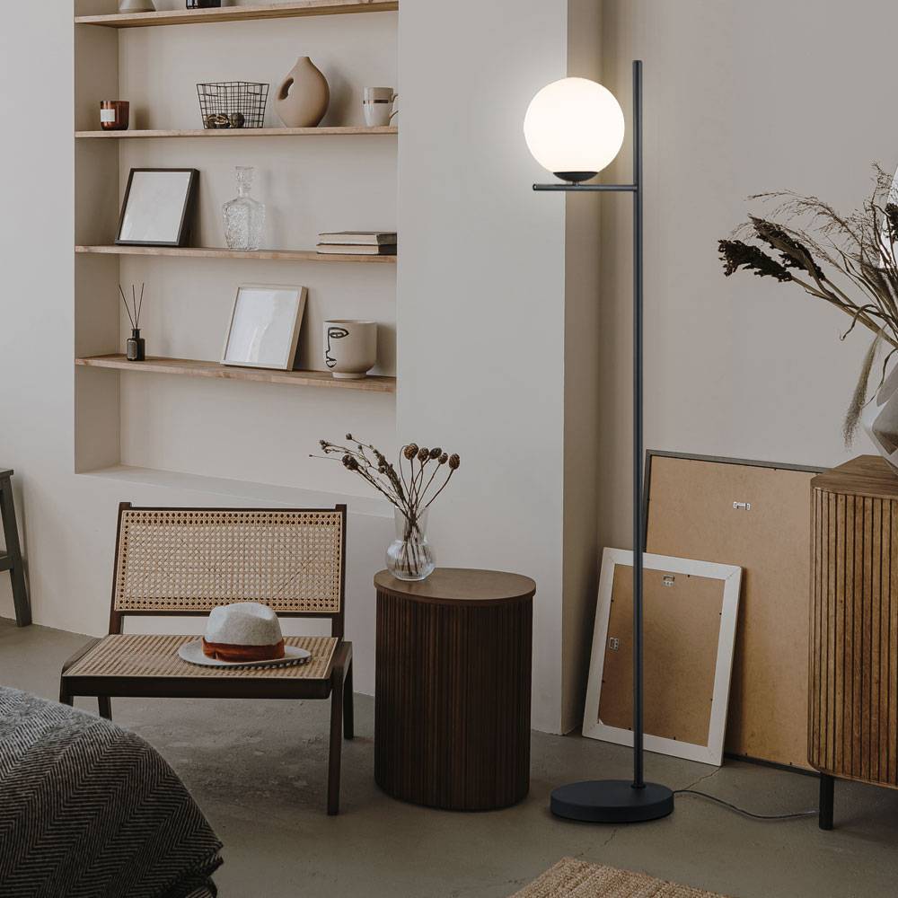 Stehlampe Wohnzimmer Kugel Stehleuchte Kugel weiß Stehlampe schwarz Metall, Glas, Fußschalter, 1x E14 Fassung, BxH 25x150 cm