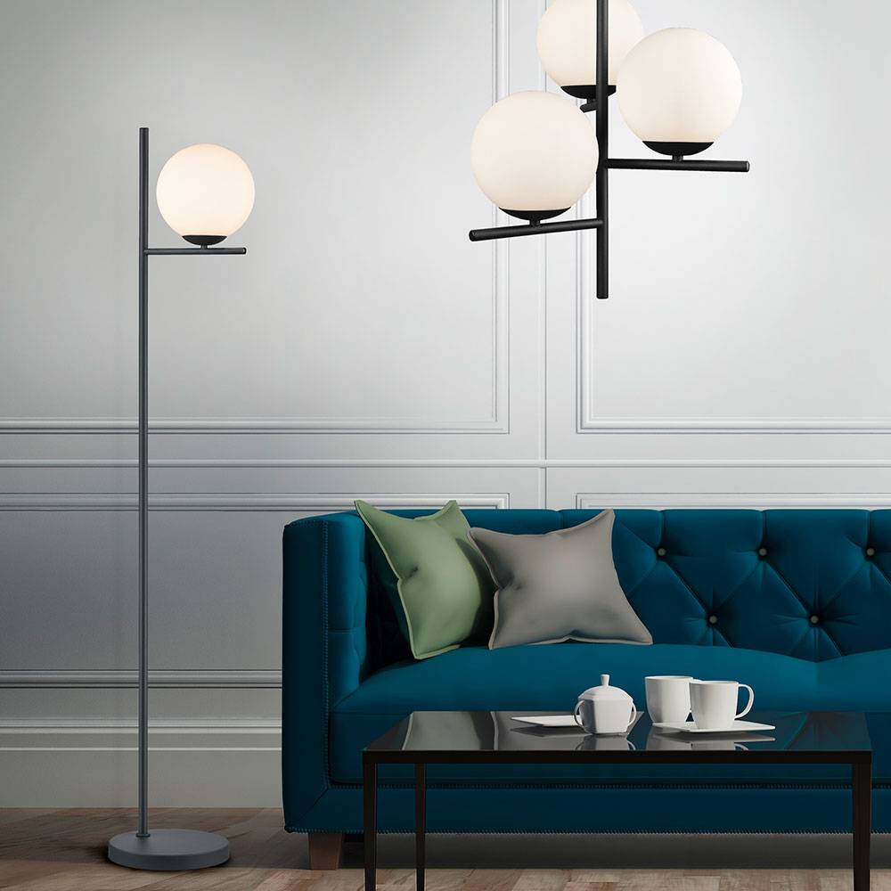 Stehlampe Wohnzimmer Kugel Stehleuchte Kugel weiß Stehlampe schwarz Metall, Glas, Fußschalter, 1x E14 Fassung, BxH 25x150 cm