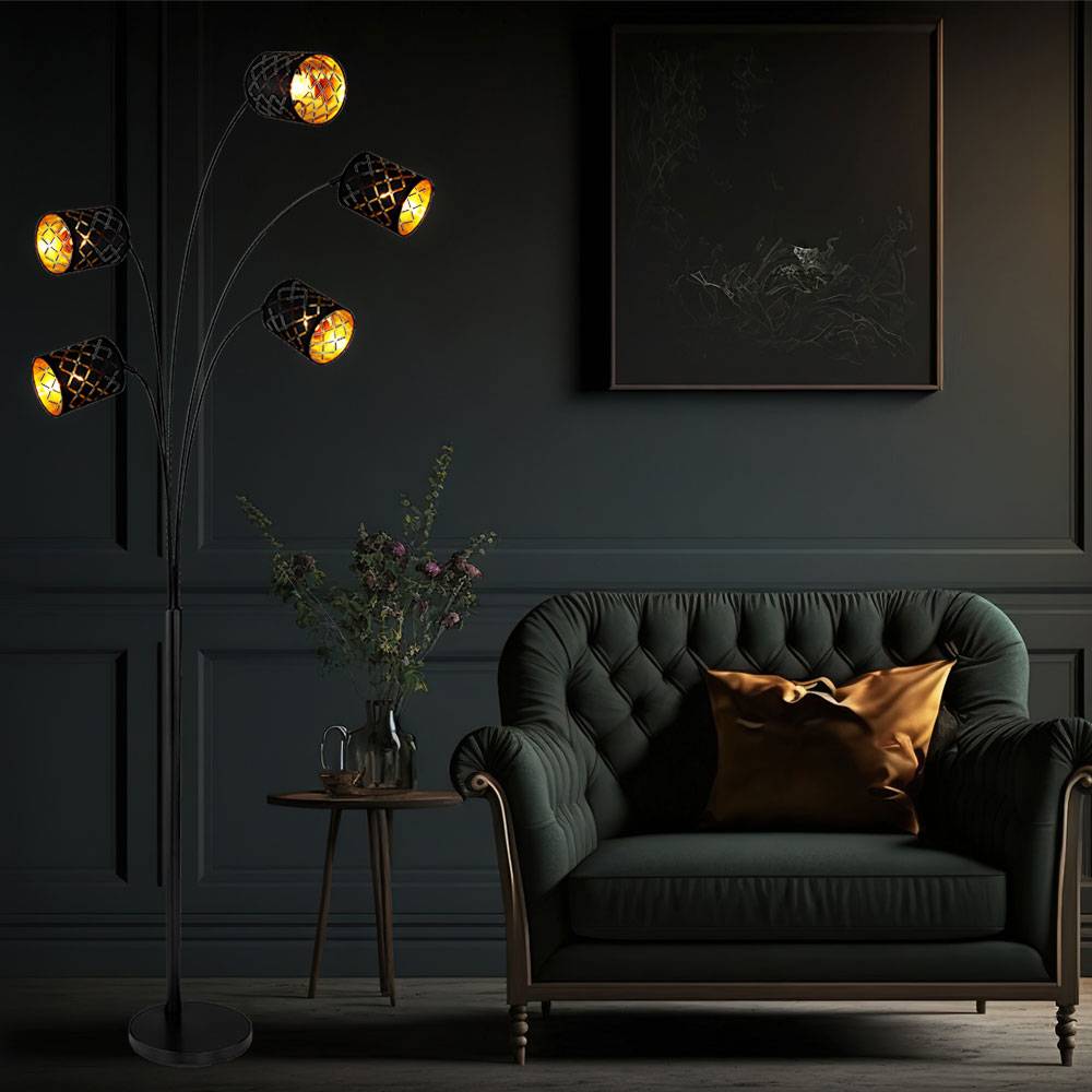 Standleuchte Stehlampe Schlafzimmerleuchte 5-flammig, Textilschirme schwarz vergoldet, Dekorstanzungen, Metall Stoff, 5x E14, LxBxH 85x130x204 cm