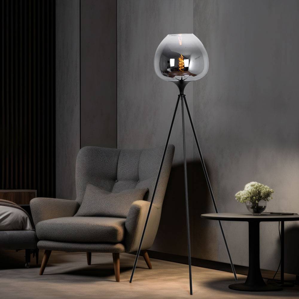 Stehleuchte Stativ Rauchglas Esszimmerleuchte Stativlampe stehend Rauchglas schwarz, Metall, E27 Fassung, DxH 65x145 cm