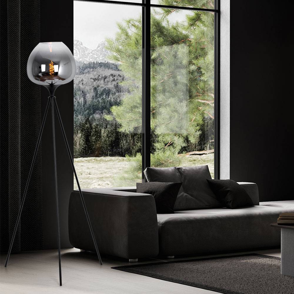 Stehleuchte Stativ Rauchglas Esszimmerleuchte Stativlampe stehend Rauchglas schwarz, Metall, E27 Fassung, DxH 65x145 cm
