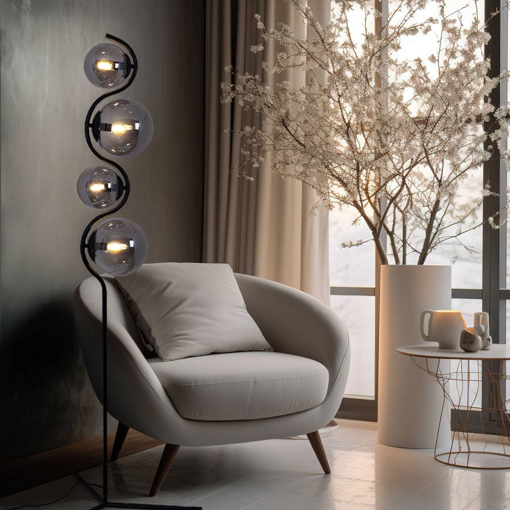 Stehlampe Standleuchte Wohnzimmer Rauchglas 4 flammig Schlafzimmerlampe, Metall schwarz, 4x E14, DxH 66 x 160 cm