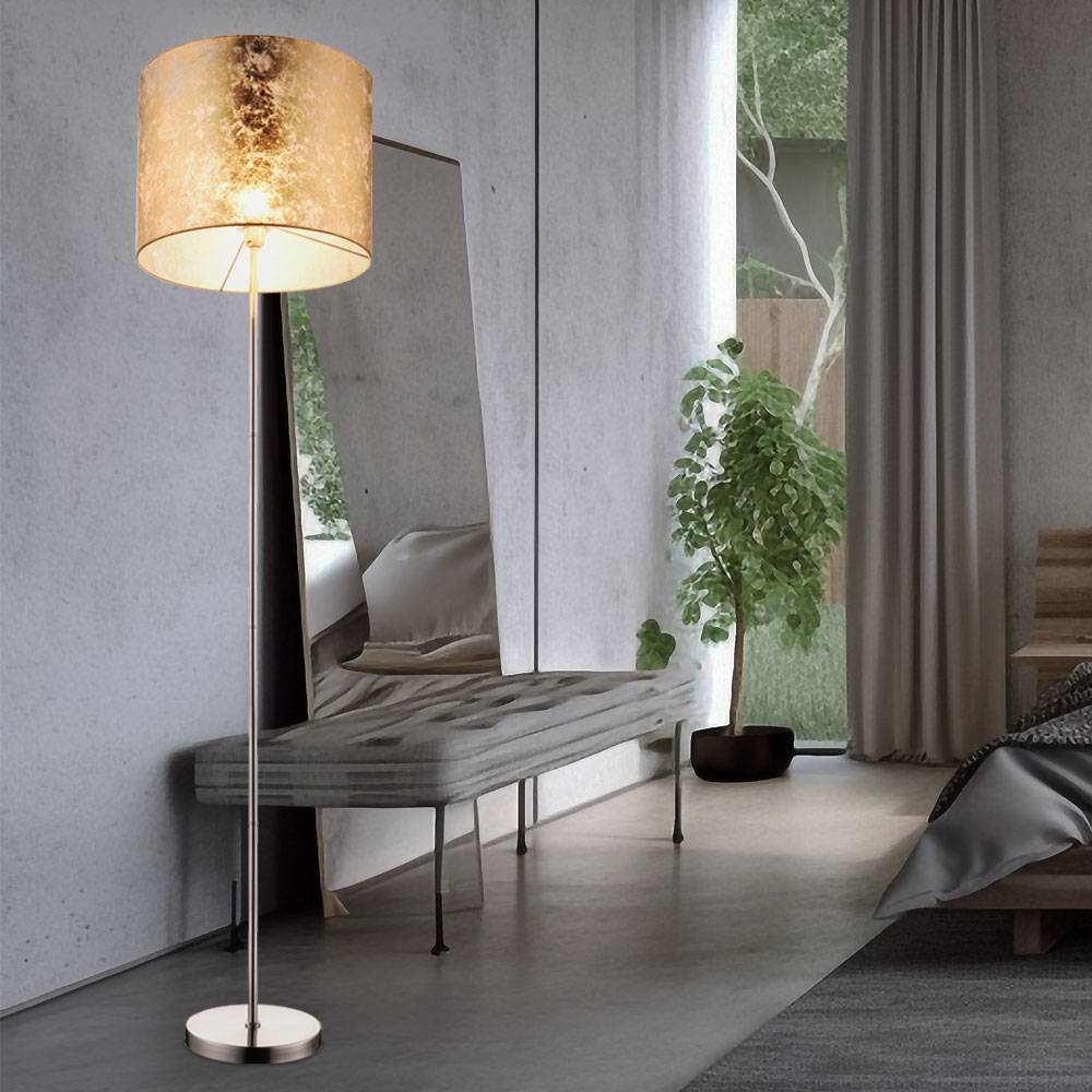 Stehleuchte gold Deckenfluter Wohnzimmerlampe Stehlampe Beistellleuchte, Nickel matt Textil gold, 1xE27, DxH 40 x 160 cm