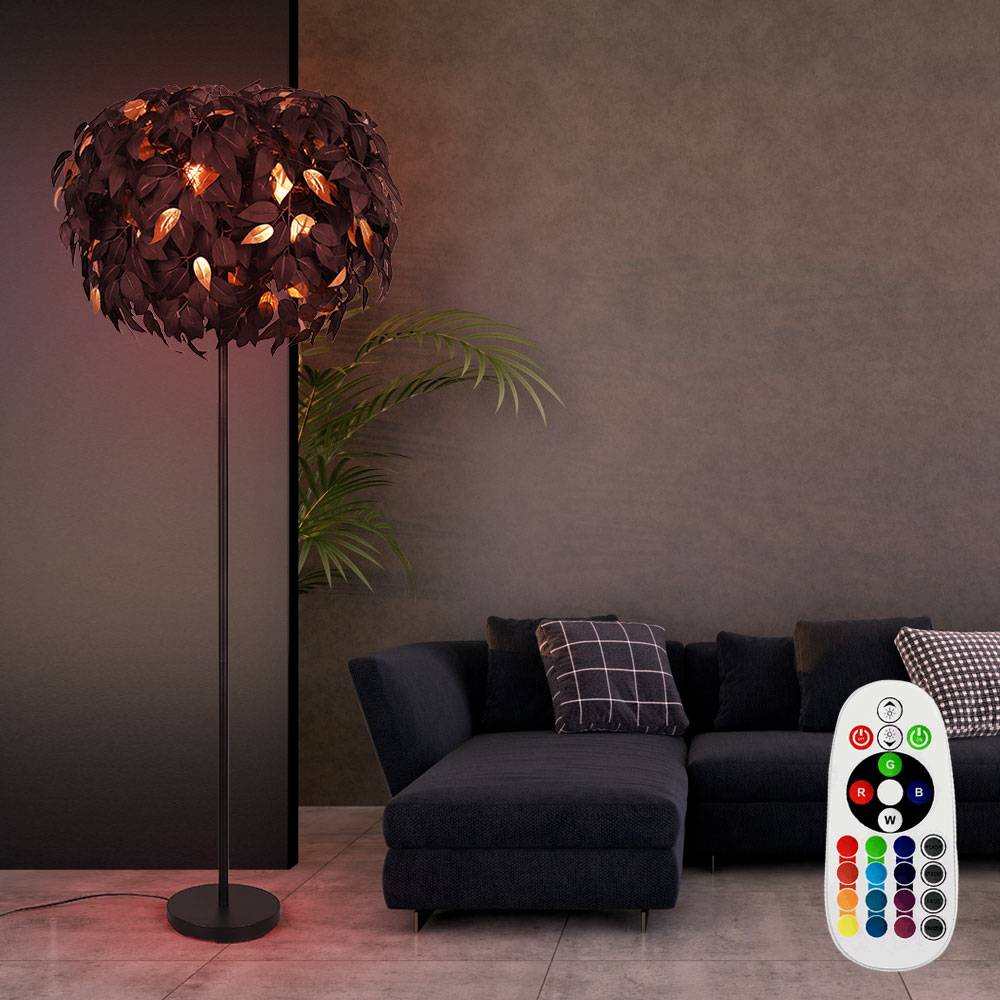 Stehleuchte Stehllampe Wohnzimmerleuchte, 3-flammig, Blätterdesign, Fußschalter, Fernbedienung dimmbar, Metall, schwarz gold, 3x RGB LED 4,8W 470Lm