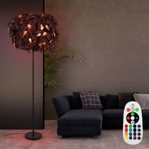 Stehleuchte Stehllampe Wohnzimmerleuchte, 3-flammig, Blätterdesign, Fußschalter, Fernbedienung dimmbar, Metall, schwarz gold, 3x RGB LED 4,8W 470Lm Stehleuchte Stehllampe Wohnzimmerleuchte, 3-flammig, Blätterdesign, Fußschalter, Fernbedienung dimmbar, Metall, schwarz gold, 3x RGB LED 4,8W 470Lm