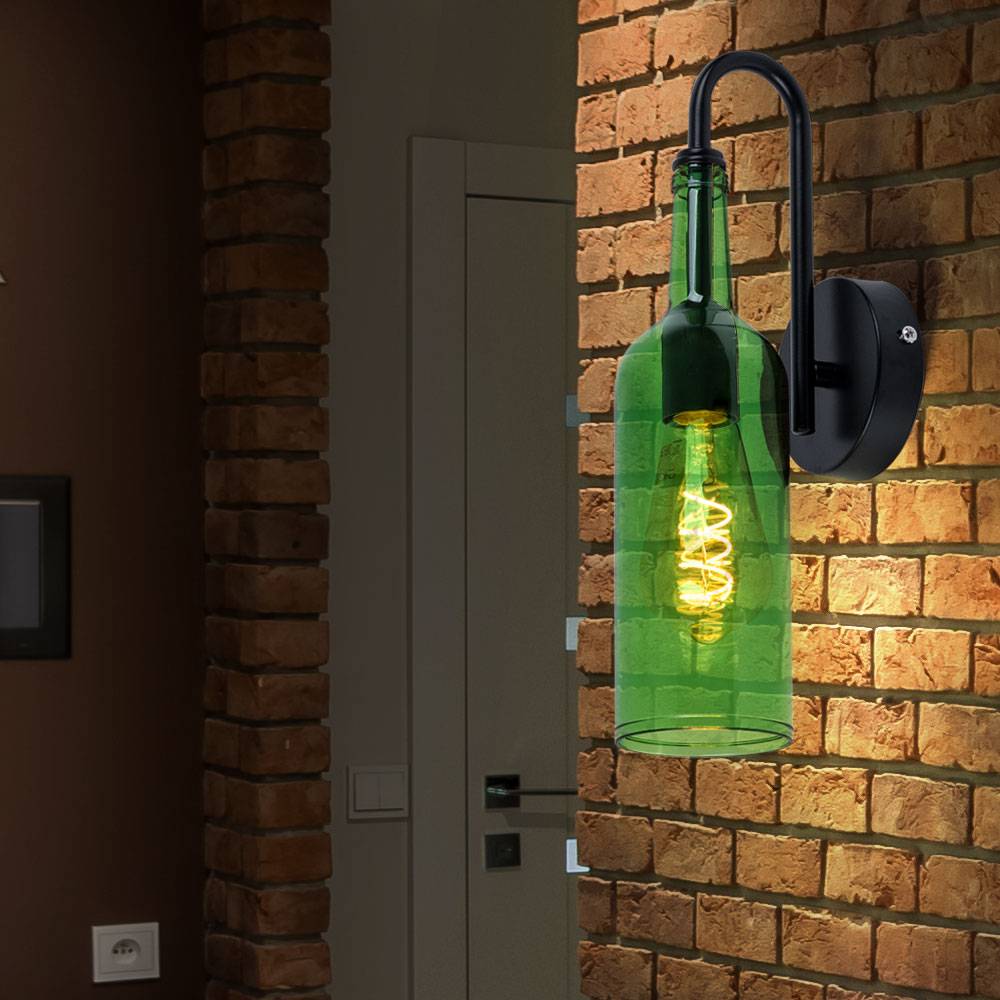 Wandleuchte Wandlampe Wohnzimmerlampe Flaschen Design, Metall schwarz Acryl grün, 1x E27 max. 8W, BxH 10x35cm