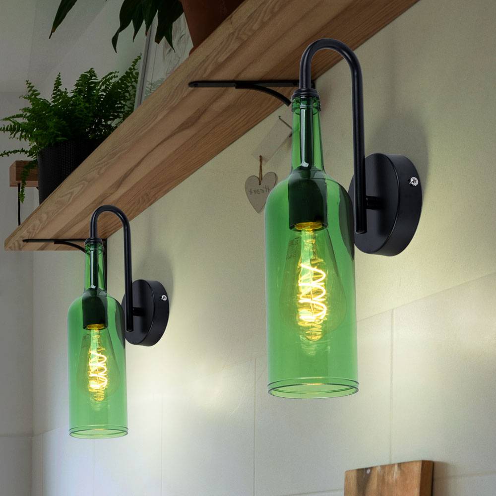 Wandleuchte Wandlampe Wohnzimmerlampe Flaschen Design, Metall schwarz Acryl grün, 1x E27 max. 8W, BxH 10x35cm