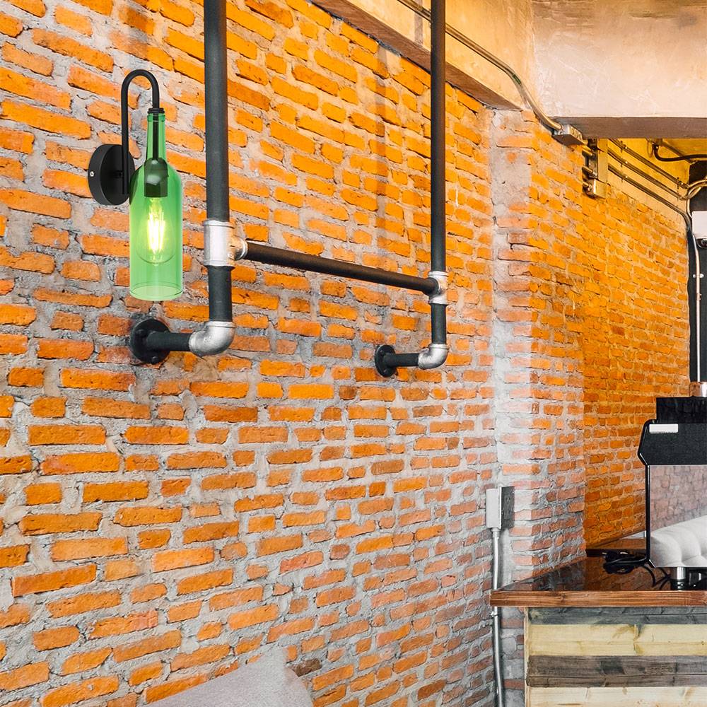 Wandleuchte Wandlampe Wohnzimmerlampe Flaschen Design, Metall schwarz Acryl grün, 1x E27 max. 8W, BxH 10x35cm