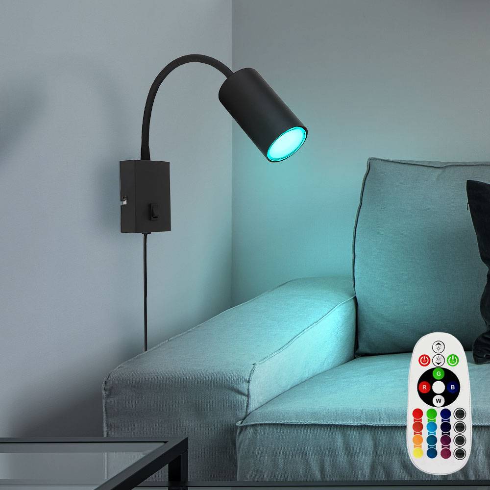 LED Wandleuchte dimmbar mit Fernbedienung Schlafzimmerlampe mit Stecker Leselampe, RGB Farbwechsel, flexibel, Schalter, Metall schwarz, 3,5W 290lm