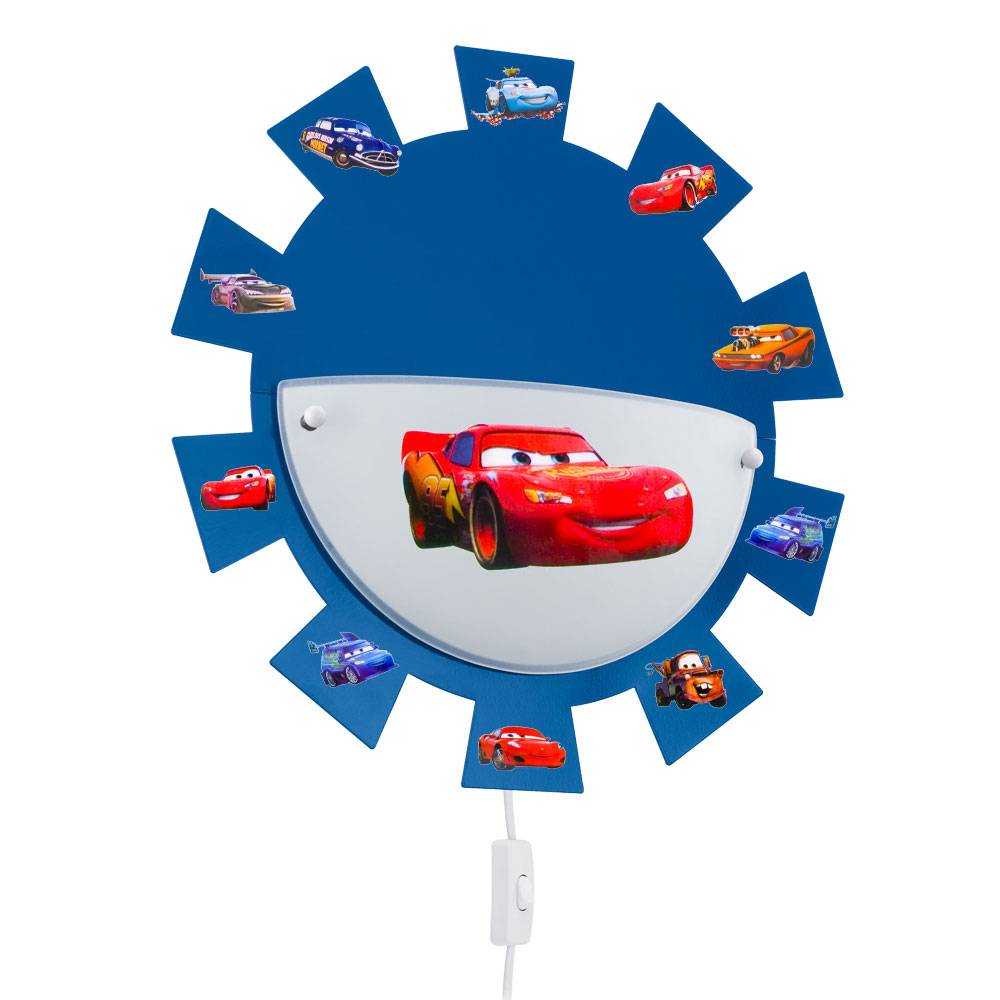 Kinderzimmerleuchte Spielzimmerlampe Wandleuchte Wandlampe Kinderleuchte, Cars Sticker Stahl Glas weiß blau, 1x E27 Fassung, DxH 35x8cm
