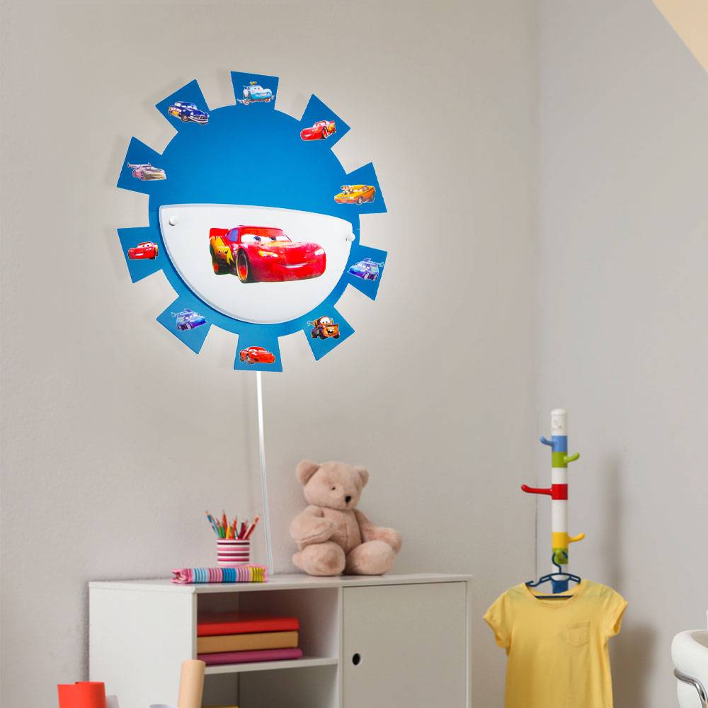 Kinderzimmerleuchte Spielzimmerlampe Wandleuchte Wandlampe Kinderleuchte, Cars Sticker Stahl Glas weiß blau, 1x E27 Fassung, DxH 35x8cm