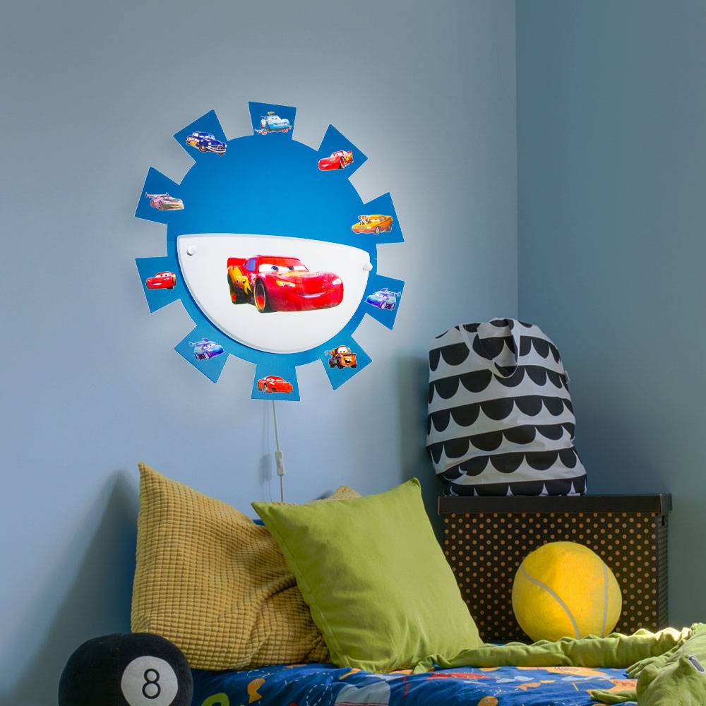 Kinderzimmerleuchte Spielzimmerlampe Wandleuchte Wandlampe Kinderleuchte, Cars Sticker Stahl Glas weiß blau, 1x E27 Fassung, DxH 35x8cm