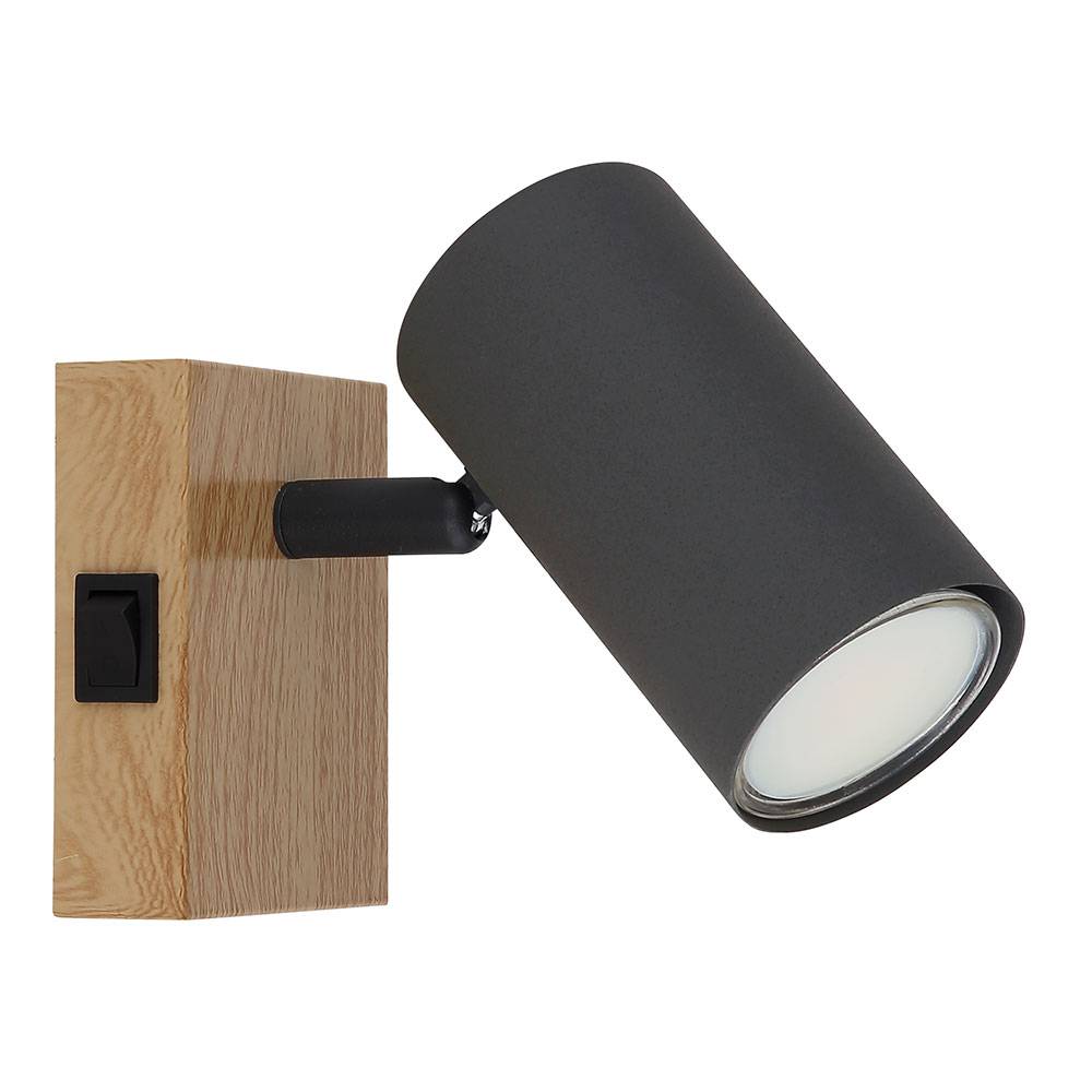Wandlampe Wandleuchte Holzlampe Esszimmerleuchte mit verstellbarem Spot, Metall schwarz graphit braun, 1x GU10, BxH 7x10 cm