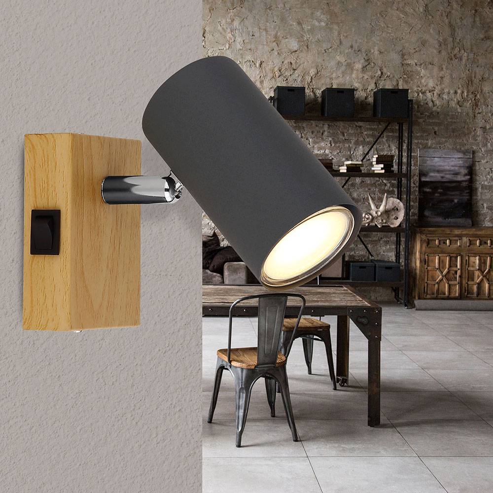 Wandlampe Wandleuchte Holzlampe Esszimmerleuchte mit verstellbarem Spot, Metall schwarz graphit braun, 1x GU10, BxH 7x10 cm
