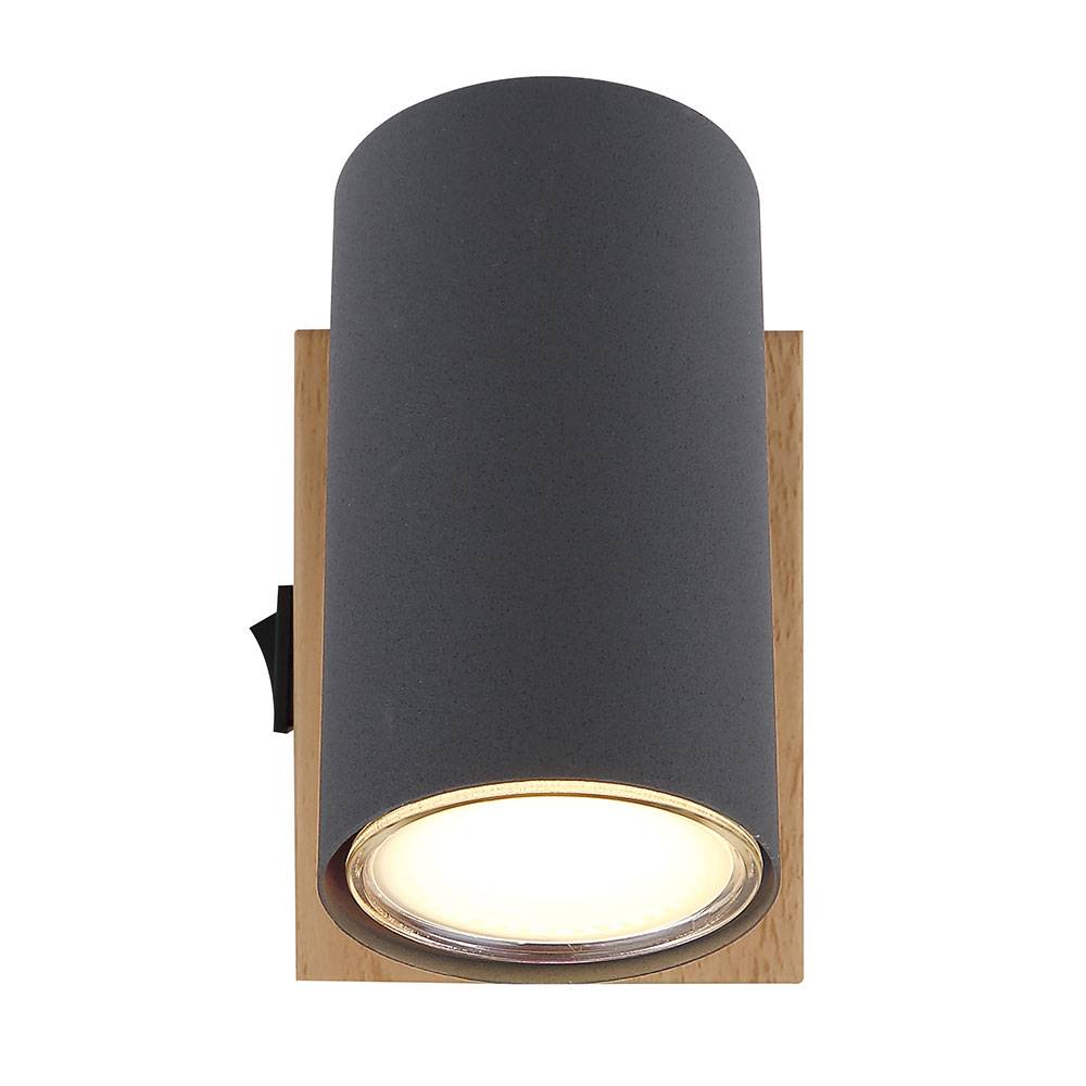 Wandlampe Wandleuchte Holzlampe Esszimmerleuchte mit verstellbarem Spot, Metall schwarz graphit braun, 1x GU10, BxH 7x10 cm