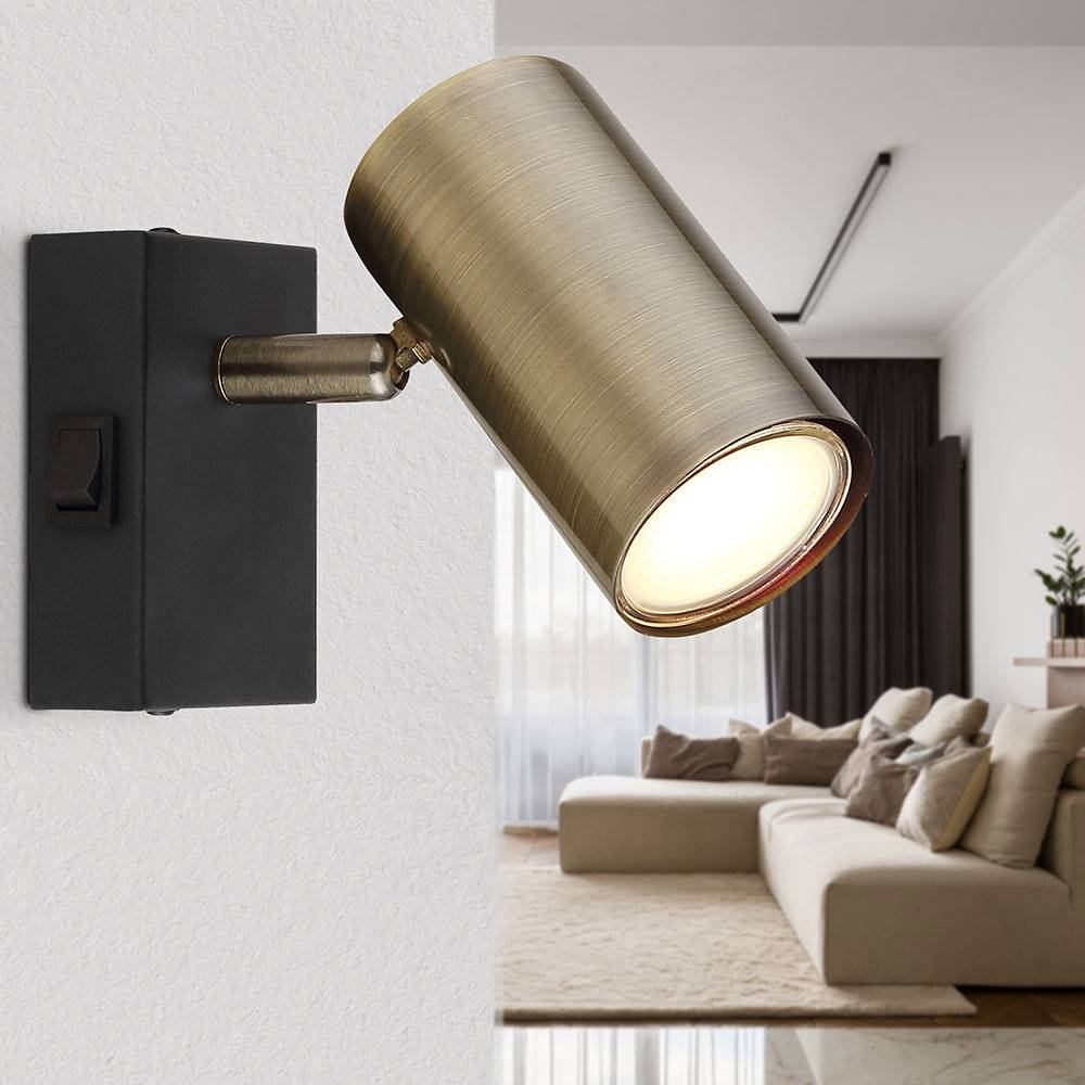 Wandleuchte messing Wandstrahler beweglich mit Schalter Spotleuchte, Spot flexibel, Metall schwarz, 1x GU10 Fassung, DxHxÜ 7x10x12cm
