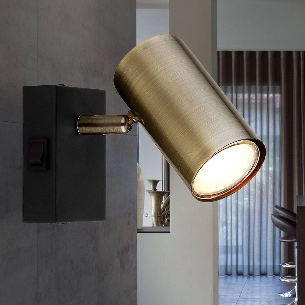 Wandleuchte messing Wandstrahler beweglich mit Schalter Spotleuchte, Spot flexibel, Metall schwarz, 1x GU10 Fassung, DxHxÜ 7x10x12cm