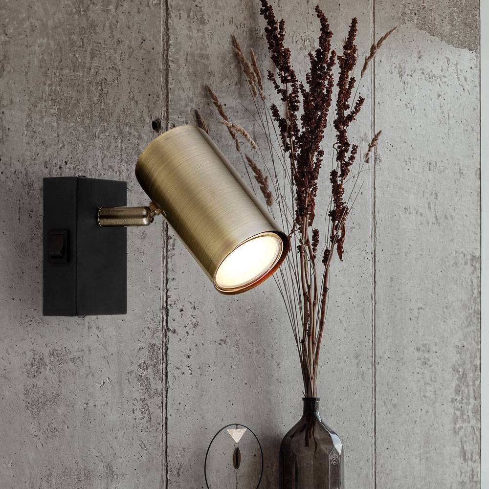 Wandleuchte messing Wandstrahler beweglich mit Schalter Spotleuchte, Spot flexibel, Metall schwarz, 1x GU10 Fassung, DxHxÜ 7x10x12cm