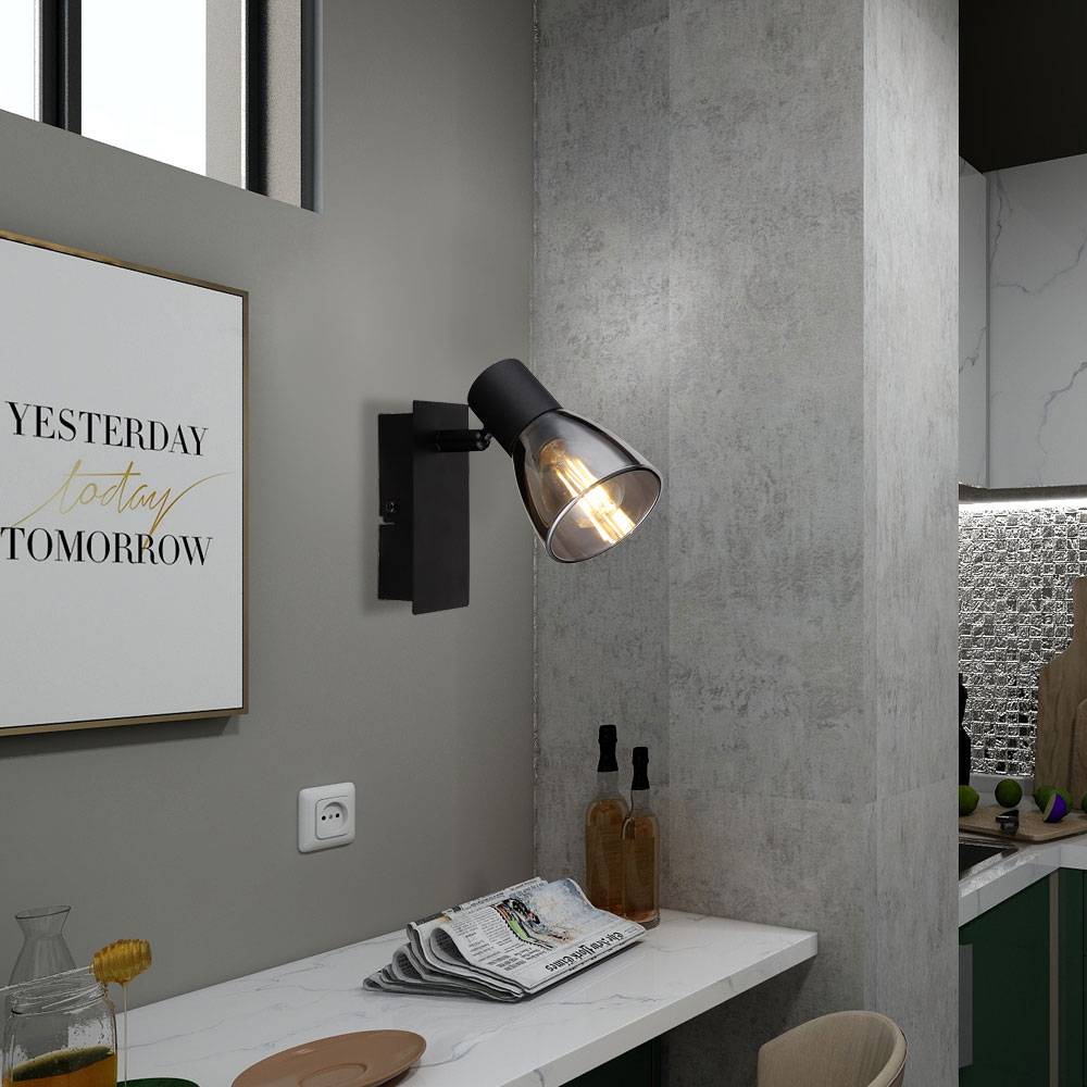 Wandleuchte Schlafzimmerleuchte Wandlampe mit beweglichem Spot, Metall schwarz Glas rauch, 1x E14 Fassung, BxH 7 x 14 cm