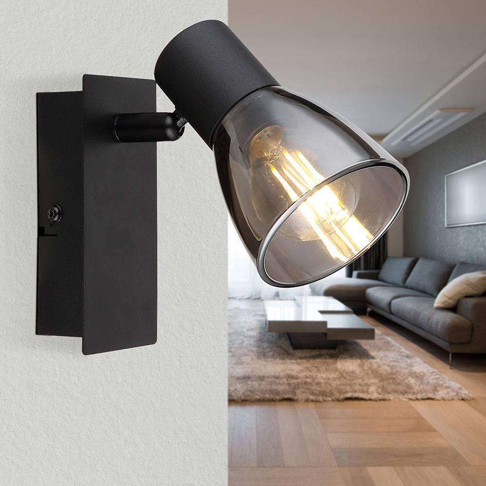 Wandleuchte Schlafzimmerleuchte Wandlampe mit beweglichem Spot, Metall schwarz Glas rauch, 1x E14 Fassung, BxH 7 x 14 cm