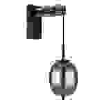 Wandlampe Wandleuchte Schlafzimmerleuchte Holzlampe mit Glasschirm zum wickeln, Metall schwarz rauchfarben, 1x E27 Fassung, BxH 15,5x100 cm