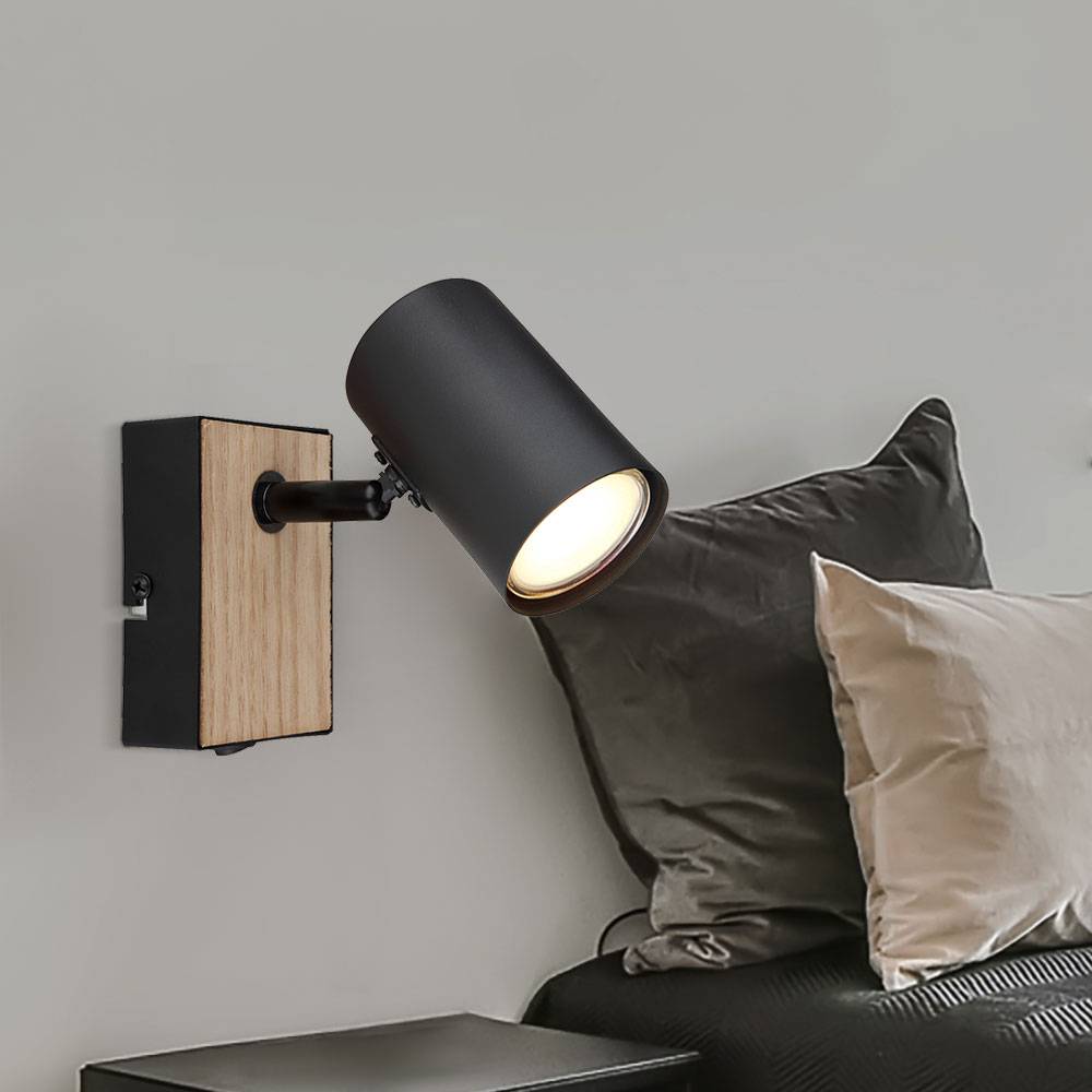Wandlampe Wandleuchte Holzoptik MDF Wohnzimmerleuchte mit beweglichem Spot, Metall schwarz braun, 1x GU10, BxH 7x10 cm
