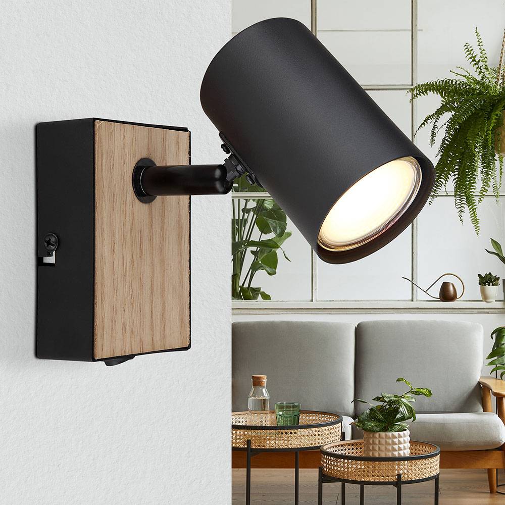 Wandlampe Wandleuchte Holzoptik MDF Wohnzimmerleuchte mit beweglichem Spot, Metall schwarz braun, 1x GU10, BxH 7x10 cm
