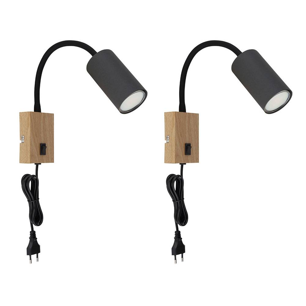 Wand- Leselampe für Schlafzimmer Leselampe Holzoptik Wandleuchte mit Stecker Wandlampe Schwanenhals, Schalter, schwarz braun, 1x GU10, LxBxH 32x7x44