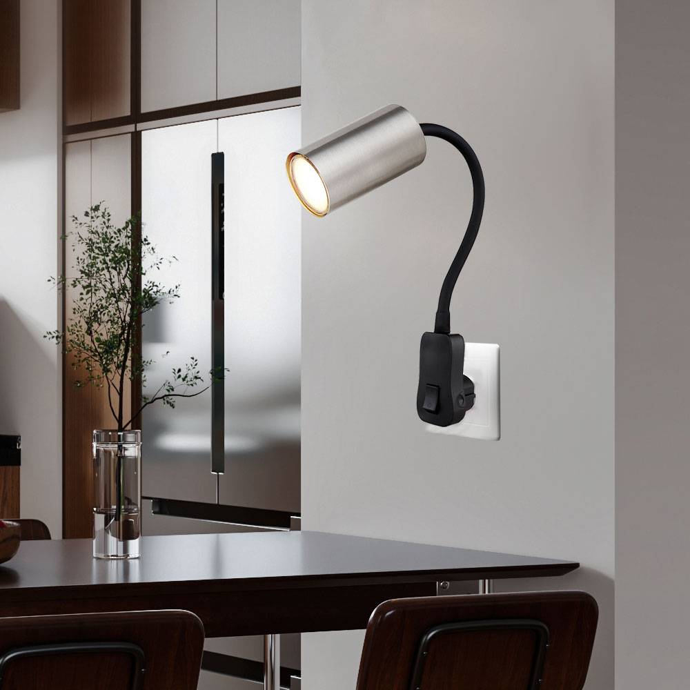 Steckerleuchte GU10 Steckdosenlampe mit Schalter Küche Steckdosenleuchte schwarz mit schwenkbarem Spot, nickel, Schwanenhals, GU10 Fassung, LxBxH