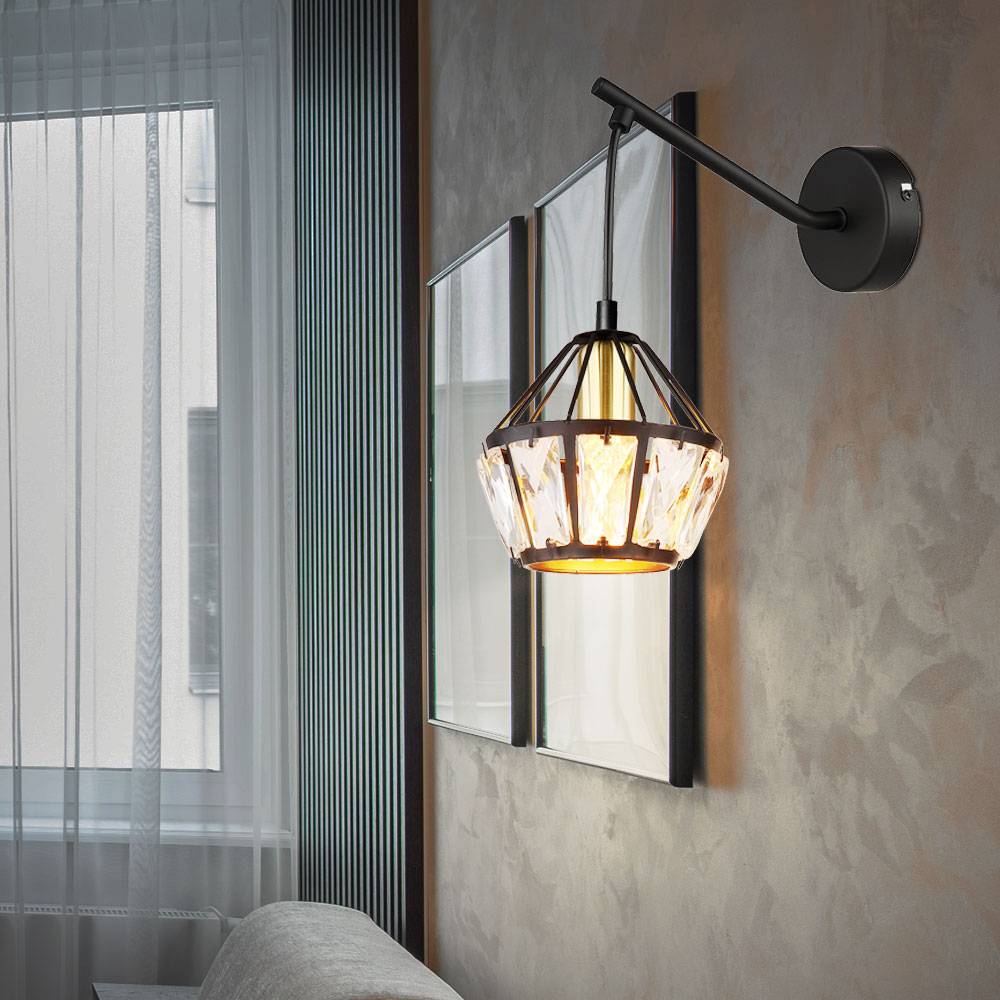 Wandlampe Wandleuchte Flurlampe Wohnzimmerleuchte, Metall schwarz Glas Kristalle klar messing, Klassisch, 1x E14 Fassung, DxH 12,5x25cm