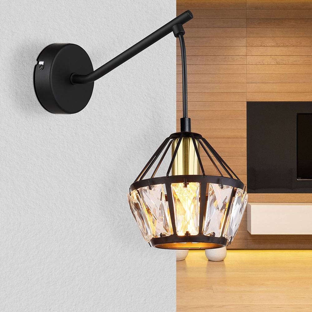 Wandlampe Wandleuchte Flurlampe Wohnzimmerleuchte, Metall schwarz Glas Kristalle klar messing, Klassisch, 1x E14 Fassung, DxH 12,5x25cm