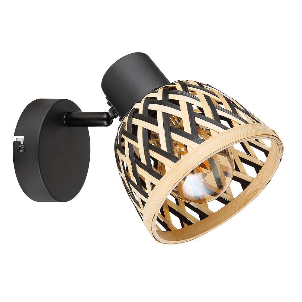 Wandlampe Bohostil Wohnzimmerlampe braun Wandstrahler Bambus, Wandleuchte Schirm Geflochten Spot verstellbar, Metall schwarz, 1x E27, DxH 13x14 cm