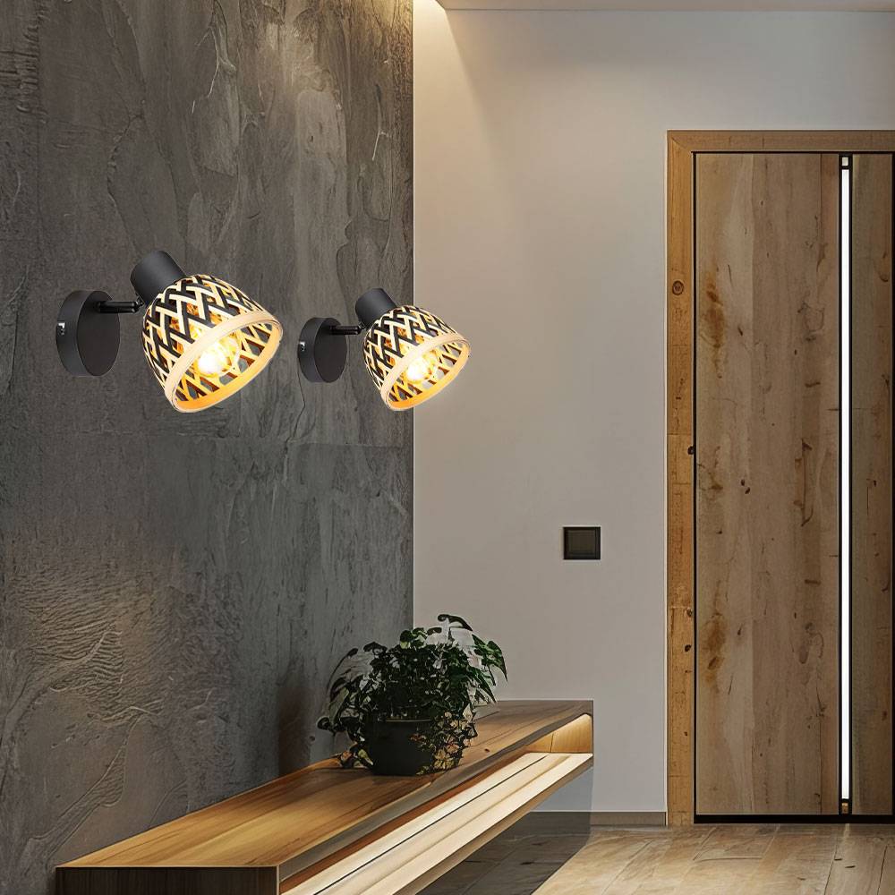 Wandlampe Bohostil Wohnzimmerlampe braun Wandstrahler Bambus, Wandleuchte Schirm Geflochten Spot verstellbar, Metall schwarz, 1x E27, DxH 13x14 cm