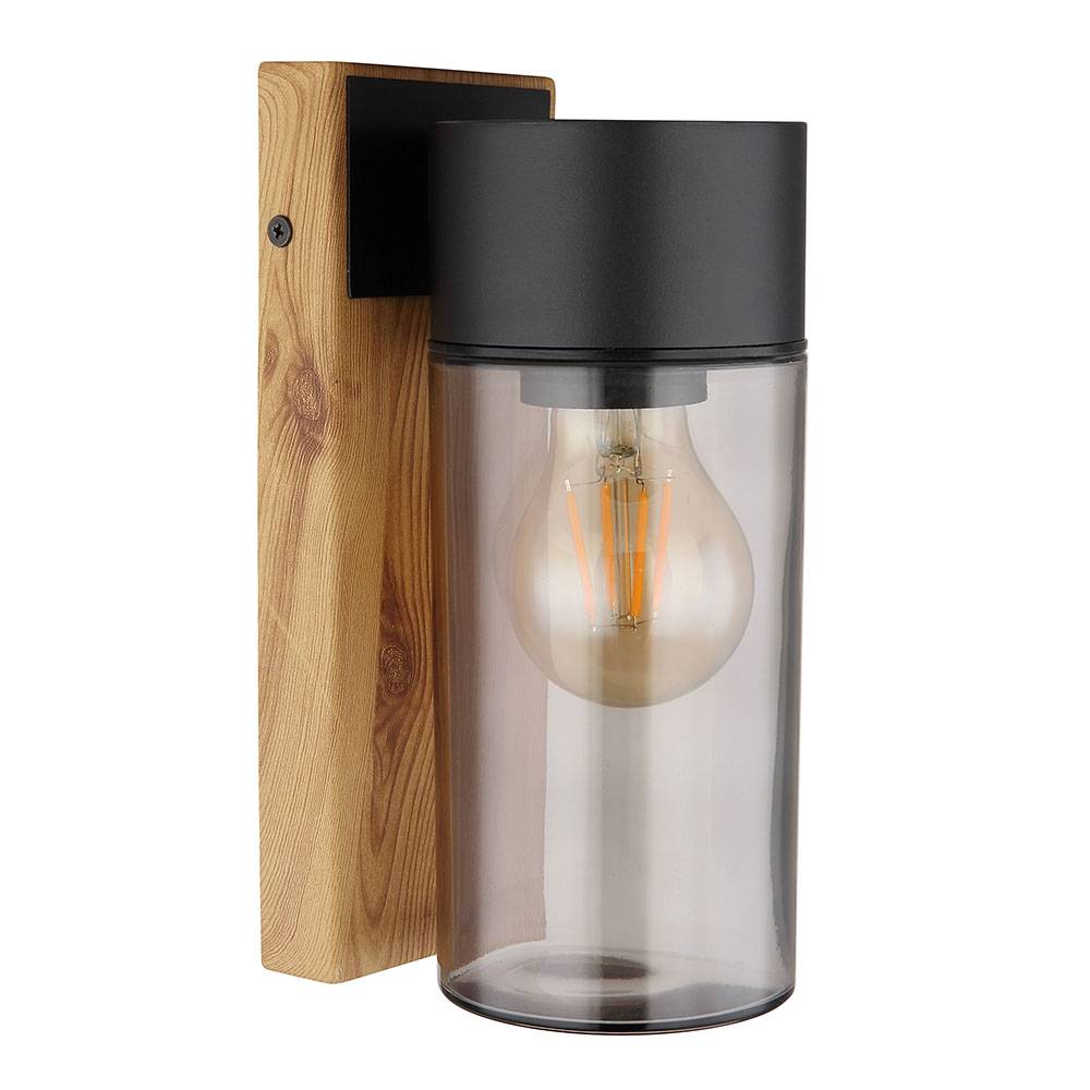 Wandlampe Außenleuchte Terrassenlampe Moderne Fassadenleuchte Holzoptik, Edelstahl Glas, schwarz rauch, 1x E27, LxBxH 12,4x9x22,5 cm