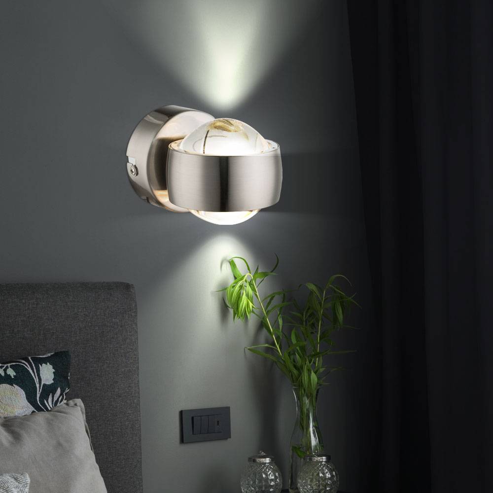 Wandlampe Wandleuchte Spotlampe Flurleuchte Schlafzimmerlampe Leuchte, Auf- und Abwärtsbeleuchtung 2 Flammig, Glas Nickel matt, 2x LED 3W 320Lm
