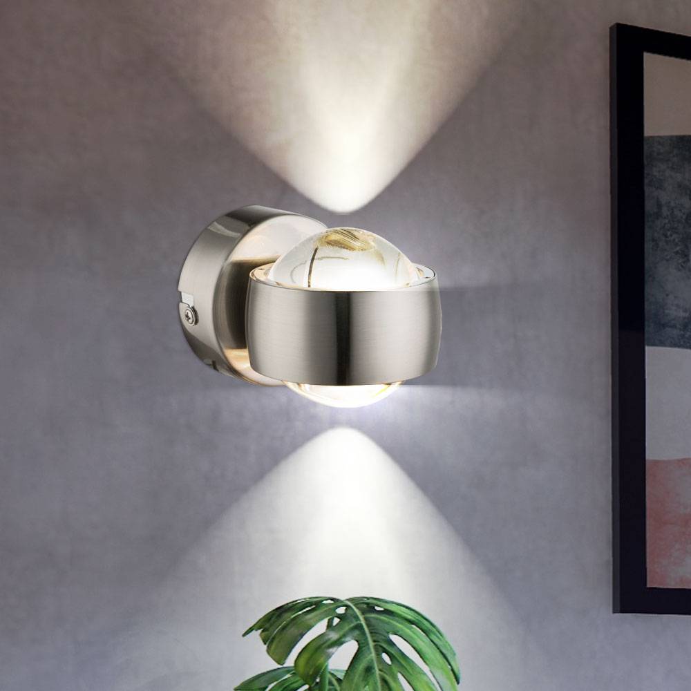 Wandlampe Wandleuchte Spotlampe Flurleuchte Schlafzimmerlampe Leuchte, Auf- und Abwärtsbeleuchtung 2 Flammig, Glas Nickel matt, 2x LED 3W 320Lm