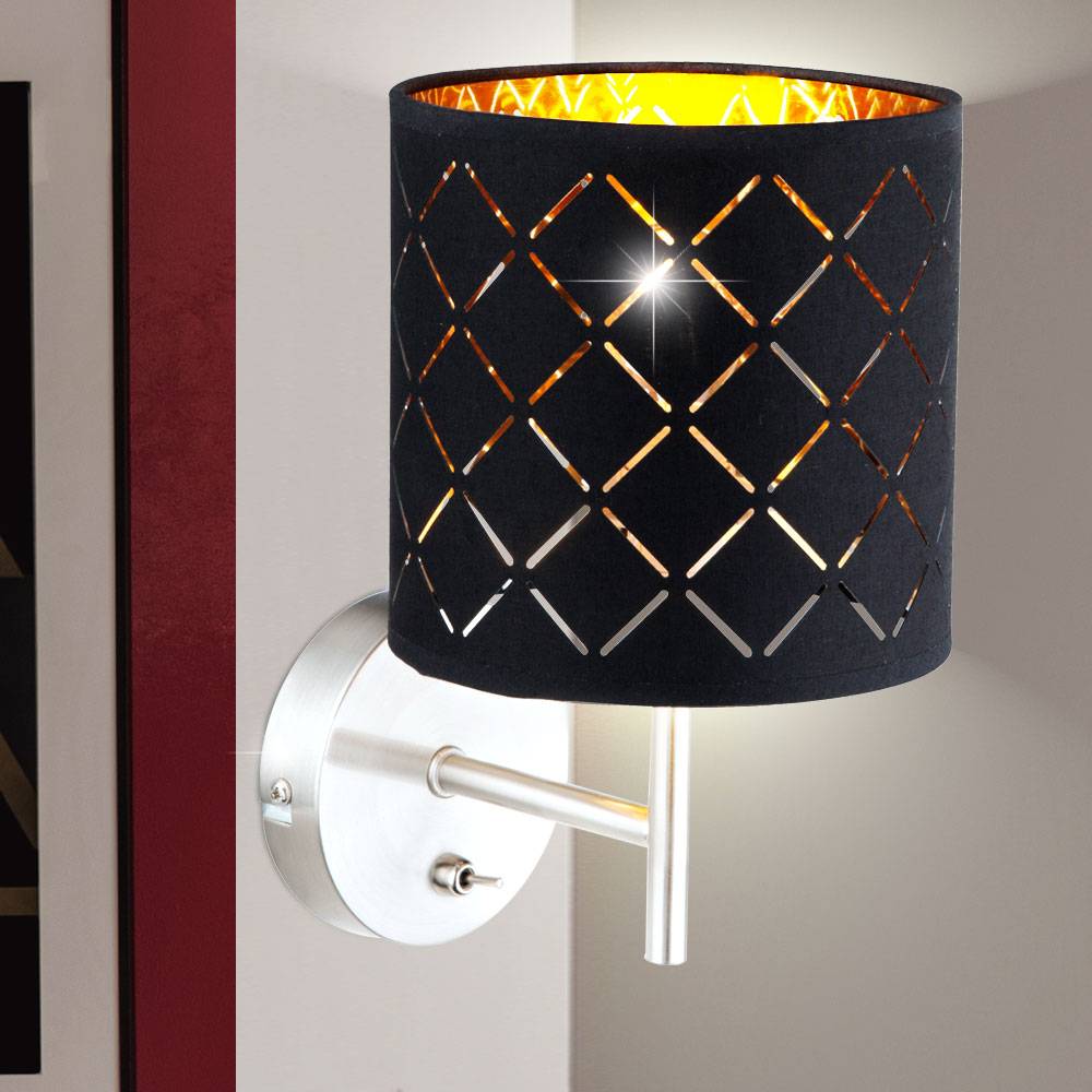Wandlampe Wandleuchte Schirmleuchte Nachtlicht Schlafzimmerlampe Wohnzimmerlampe Flurlampe, Textilschirm schwarz gold, 1x E14 Fassung, HxB 26x19cm