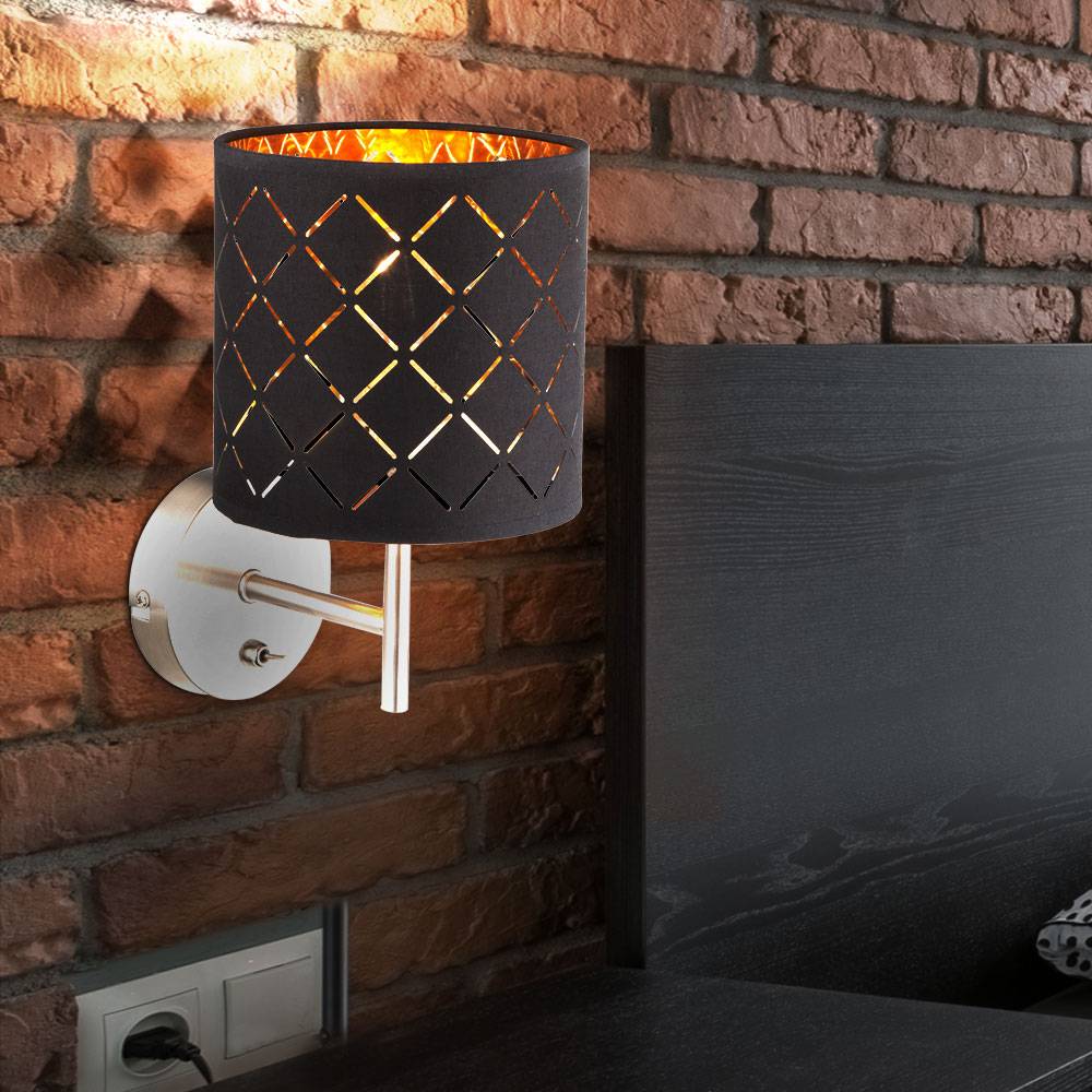 Wandlampe Wandleuchte Schirmleuchte Nachtlicht Schlafzimmerlampe Wohnzimmerlampe Flurlampe, Textilschirm schwarz gold, 1x E14 Fassung, HxB 26x19cm