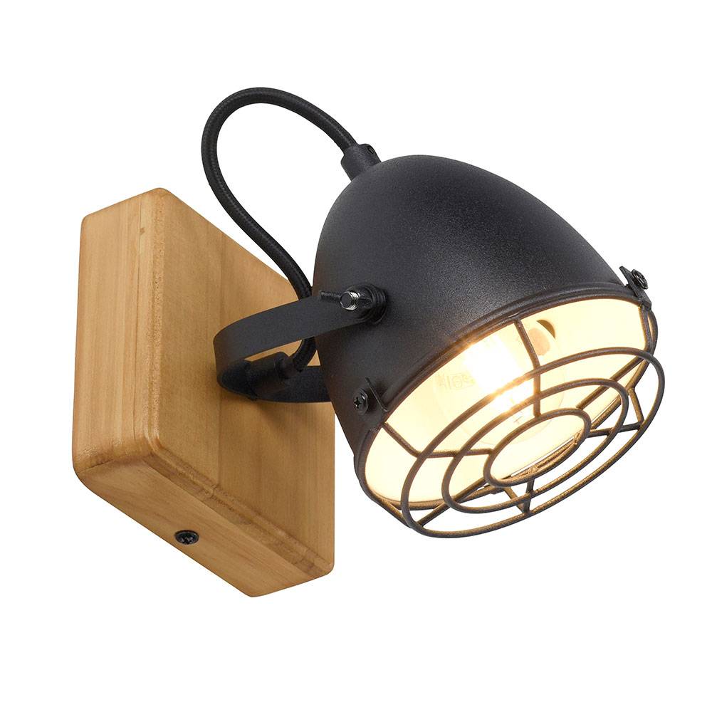 Wandlampe Schlafzimmer Bettlampe Retro Leselampe Holz Wohnzimmerleuchte mit beweglichem Spot, Metall, schwarz chrom, 1x E14, BxH 20x20 cm