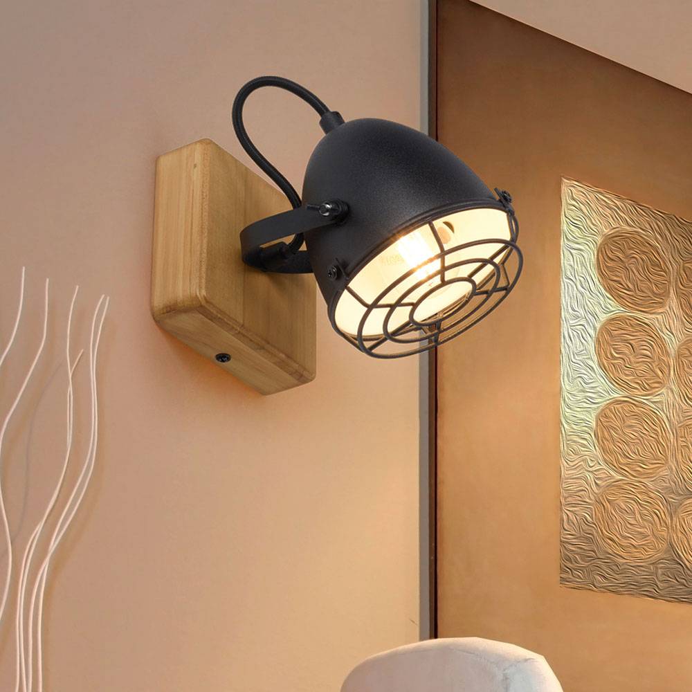 Wandlampe Schlafzimmer Bettlampe Retro Leselampe Holz Wohnzimmerleuchte mit beweglichem Spot, Metall, Fernbedienung dimmbar, 1x RGB LED 4,8W 470Lm