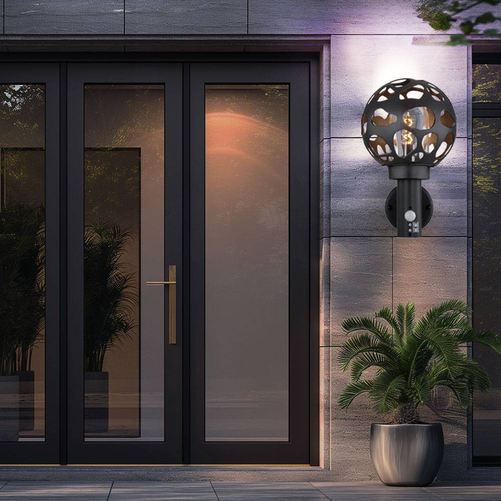 Aussenlampe mit Bewegungsmelder anthrazit Wandlampe mit Bewegungsmelder Außen Aussen Wandleuchte Kugel, im Loch-Design, Edelstahl ALU, H 32,7 cm