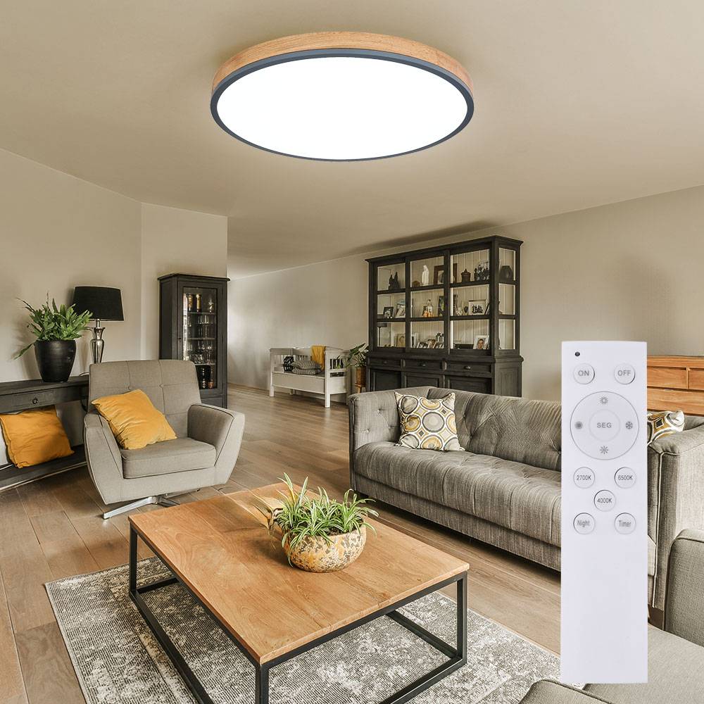 Deckenleuchte mit Fernbedienung LED Deckenlampe dimmbar Wohnzimmerlampe, CCT Nachtlicht, Alu Holzoptik, 1x LED 40W 3500Lm, D 60 cm