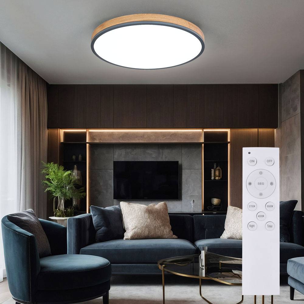 Deckenleuchte mit Fernbedienung LED Deckenlampe dimmbar Wohnzimmerlampe, CCT Nachtlicht, Alu Holzoptik, 1x LED 40W 3500Lm, D 60 cm