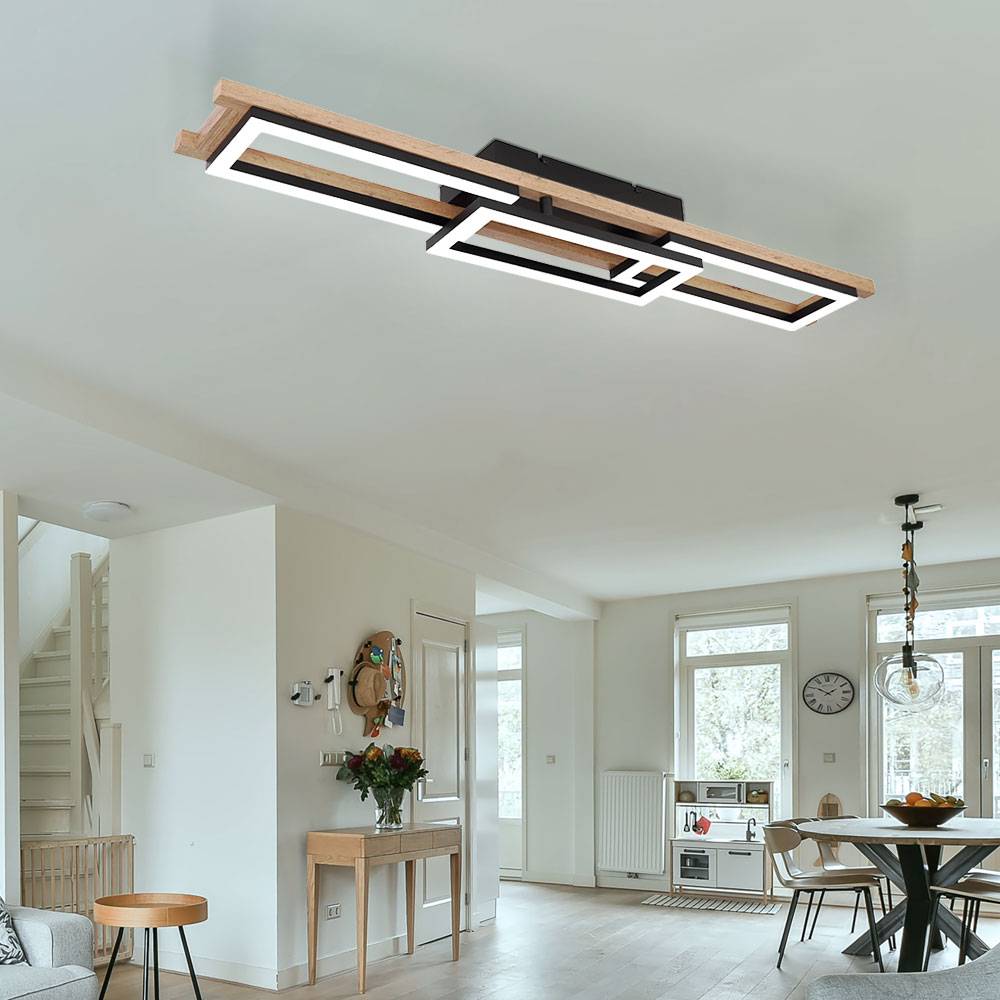 LED Deckenleuchte Fernbedienung Holz Wohnzimmerleuchte dimmbar Deckenlampe schwenkbar, CCT, 30W 1800Lm, LxBxH 100x13,5x11cm