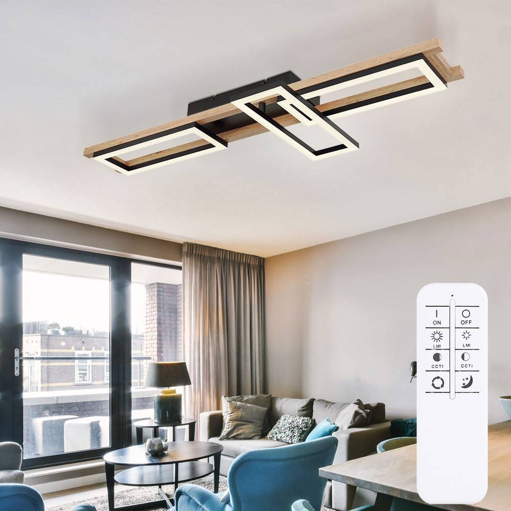 LED Deckenleuchte Fernbedienung Holz Wohnzimmerleuchte dimmbar Deckenlampe schwenkbar, CCT, 30W 1800Lm, LxBxH 100x13,5x11cm
